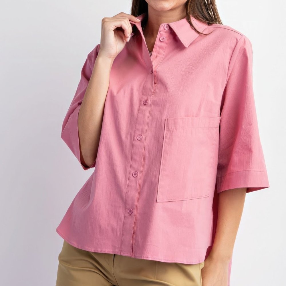 Half Slvs Stretch Poplin Button Down Shirt-Mauve